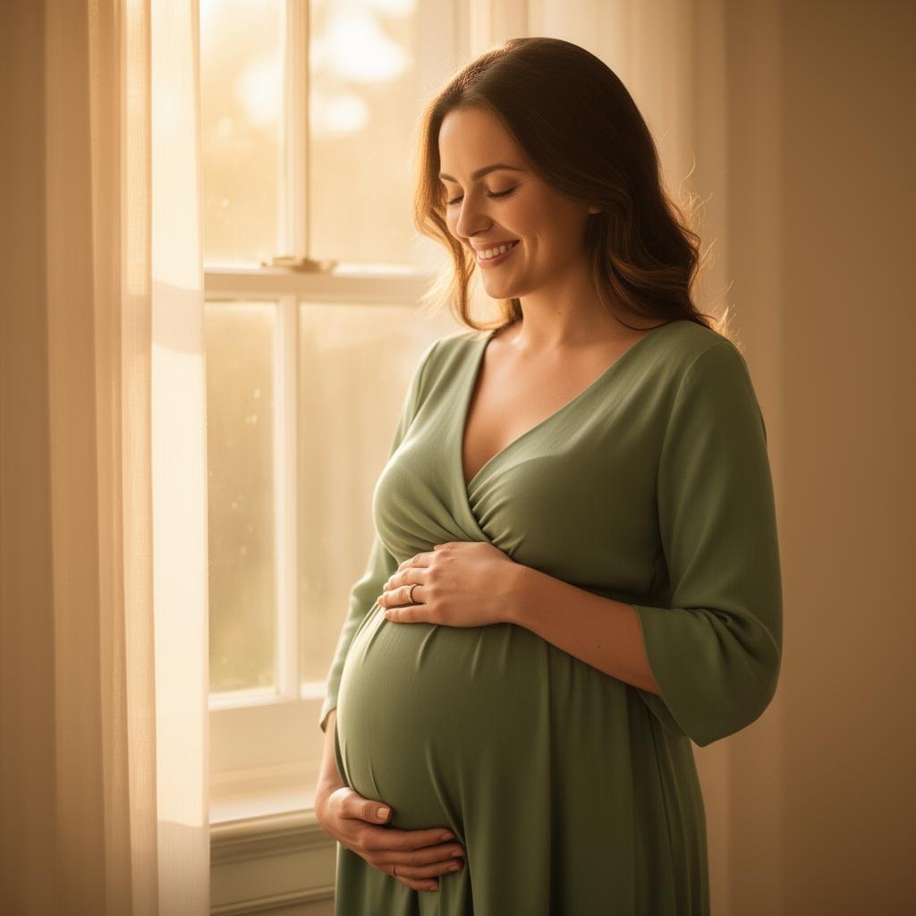 Pregnant woman smiling and gently holding her belly